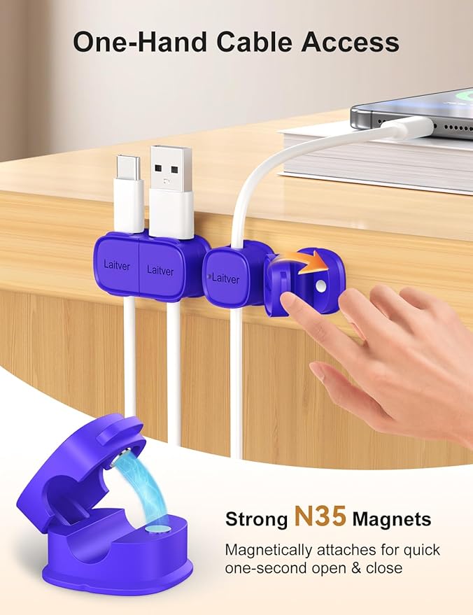 6 Pack Magnetic Cable Clips, Laitver Cord Organizer Holder Strong Adhesive Desk - Image 4