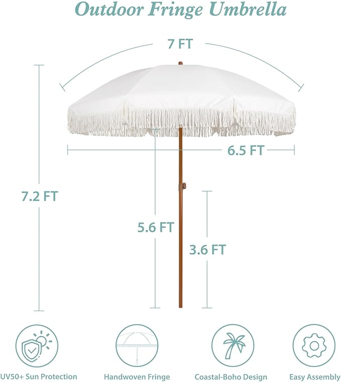 AMMSUN 7ft Patio Umbrella with Fringe Outdoor Tassel Umbrella UPF50+ Premium Steel Pole and Ribs Push Button Tilt, Cream White - Image 7