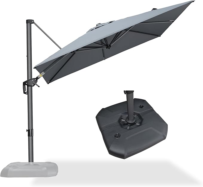 PURPLE LEAF 8 Feet Square Cantilever Umbrella Patio Umbrella with Base Outdoor Umbrella Aluminum Offset with 360-degree Rotation for Garden Deck Pool Patio Light Grey - Image 2