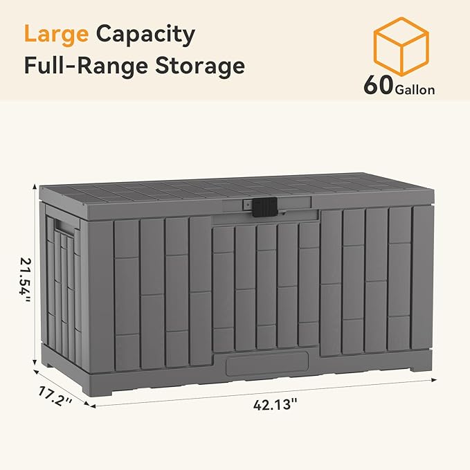 NEWBULIG 60 Gallon Deck Box, Waterproof Outdoor Storage Box with Lockable Lid, Patio Furniture Bench & Side Table, Outside Storage Container, Tool-Free Assembly, for Garden, Pool, Grey - Image 2