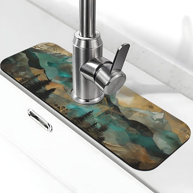 Kitchen Sink Splash Guard Faucet Mat Mountains Trees Landscape Sunrise 15"x5.5" by Nameapo