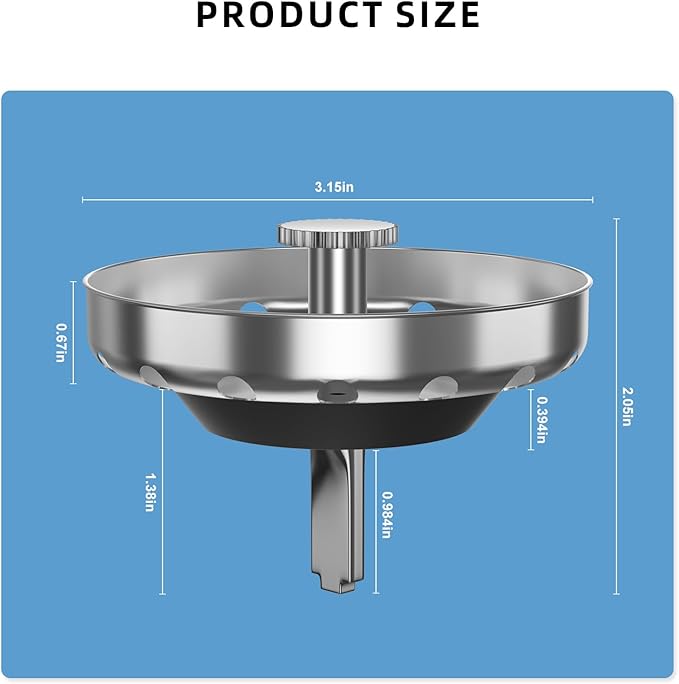 Kitchen Sink Strainer Basket, Stainless Steel, 3-1/2 Inch Drain Stopper Combo - Image 6