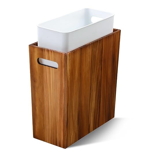 3 Gallon Wooden Trash Can with Liner, Small Solid Wood Bathroom Trash Can by WEAVECOMFORTINTOEVERYCORNER