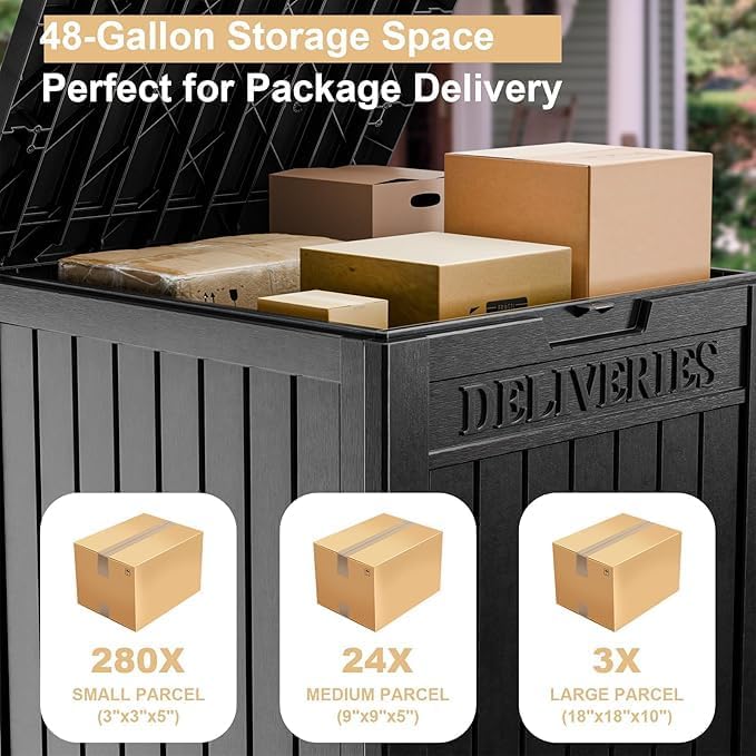 DRATO 48 Gallon Package Delivery Box, Large Lockable Storage Box, Double-Wall Resin Outdoor Package Delivery and Waterproof Deck Box for Porch, Patios（Black，48 Gallon） - Image 2