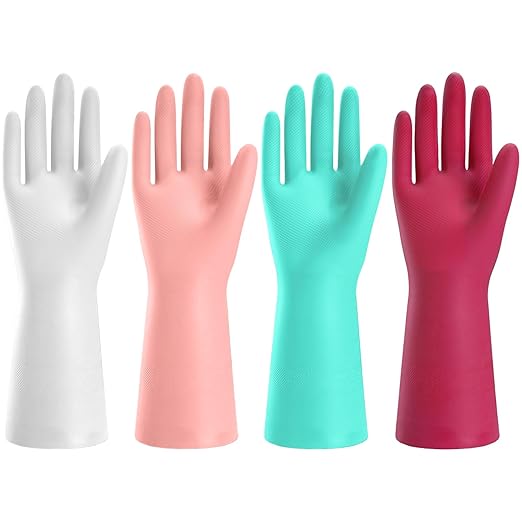 KAQ Rubber Cleaning Gloves for Dishwashing: 4 Pairs Colorful Reusable Kitchen by KAQ