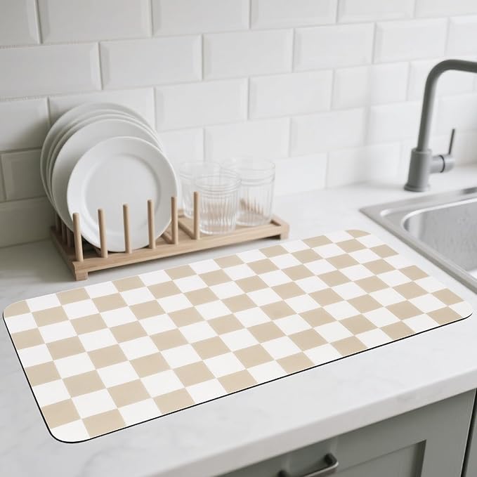 Checkered Dish Drying Mat for Kitchen Counter, Absorbent Non-Slip Coffee Mat by CooRug