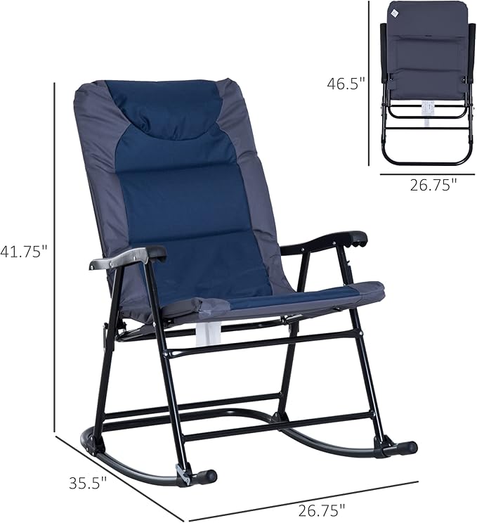 Outsunny Oversized Folding Rocking Camping Chair Set of 2, Padded Outdoor Rockers with High Back and Armrests, Portable Outdoor Patio Chairs with Steel Frame for Garden, Porch, Lawn, Navy Blue - Image 3