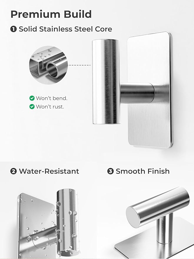 Towel Hooks for Bathrooms – 4 Pack, Brushed Silver Finish, T-Shaped Stainless - Image 4