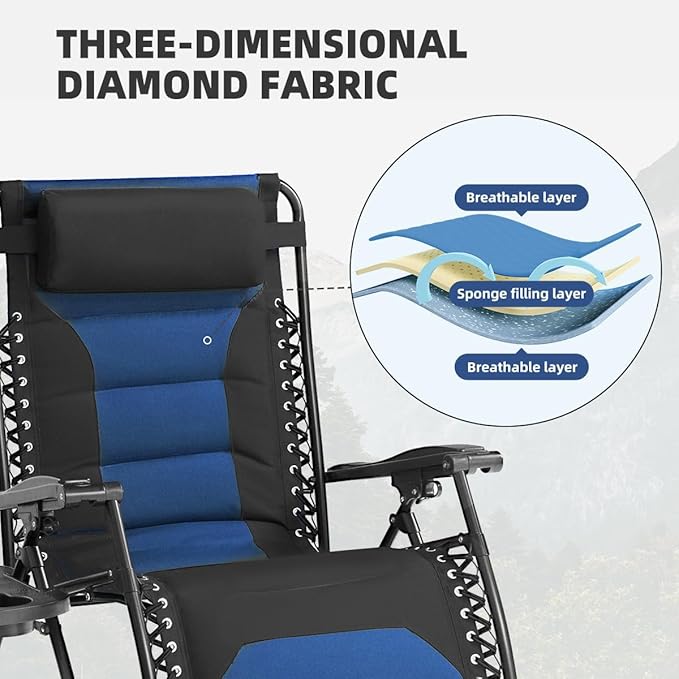 Zero Gravity Chair Set of 4 Oversized Folding Recliner, Padded Anti Gravity Lounge Chair with Adjustable Pillow & Cup Holder for Outdoor Camping, Patio, Poolside, Lawn (Black & Blue) - Image 6