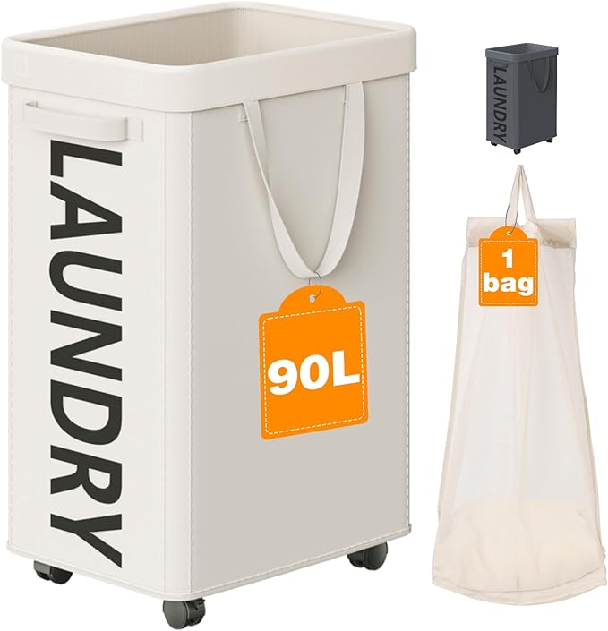 Laundry Basket with Wheels, 90L Rolling Laundry Hamper with Wheels, Large by Optish