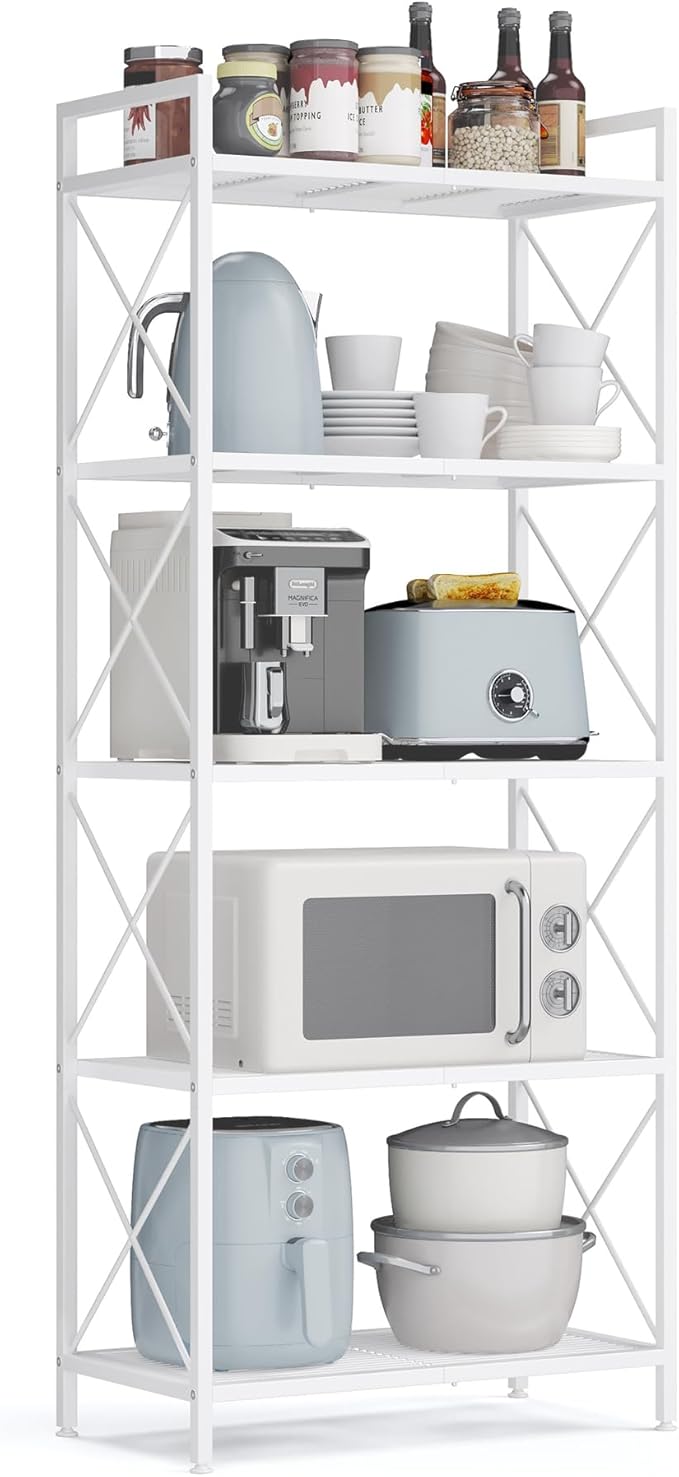 SONGMICS 5-Tier Metal Storage Rack, Shelving Unit with X Side Frames, Dense Mesh, 12.6 x 23.6 x 57.3 Inches, for Entryway, Kitchen, Living Room, Bathroom, Industrial Style, Cloud White UBSC165W01 by SONGMICSbySONGMICSHOME