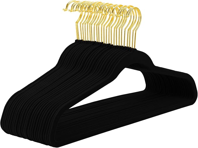 MIZGI Black Velvet Hangers 60 Pack, Premium Gold Clothes Hangers Non-Slip Felt by MIZGI