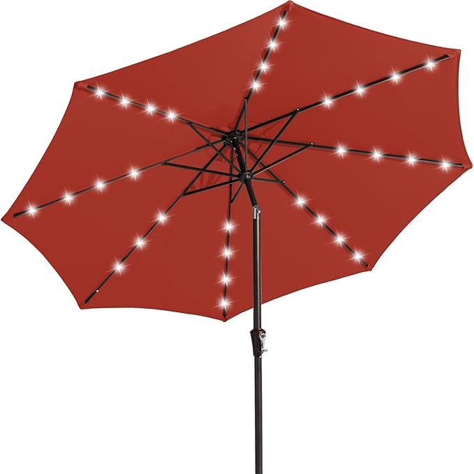 JEAREY 9FT Outdoor Patio Umbrella with Solar Lights, LED Lighted Pool Umbrella with Tilt and Crank, Outdoor Table Umbrellas for Deck, Yard & Market (Red) by JEAREYOutdoorsCollection