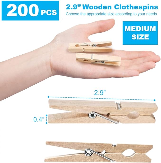 SenseYo 200 Pcs 2.9 Inch Wooden Clothespins Clips - Image 2