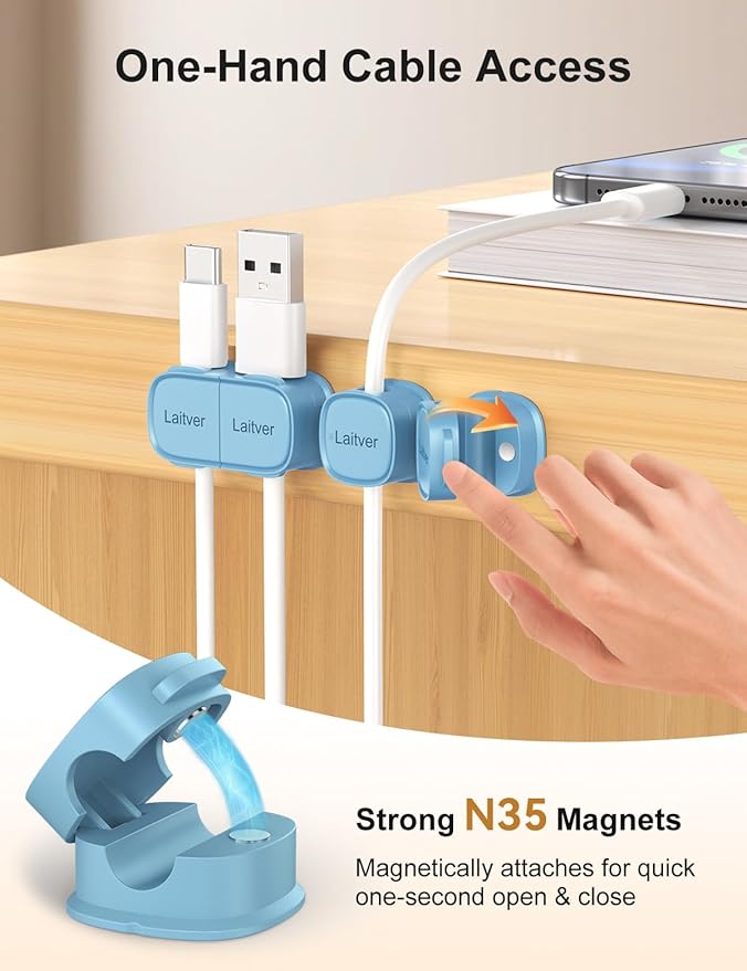 6 Pack Magnetic Cable Clips, Laitver Cord Organizer Holder Strong Adhesive Desk - Image 4