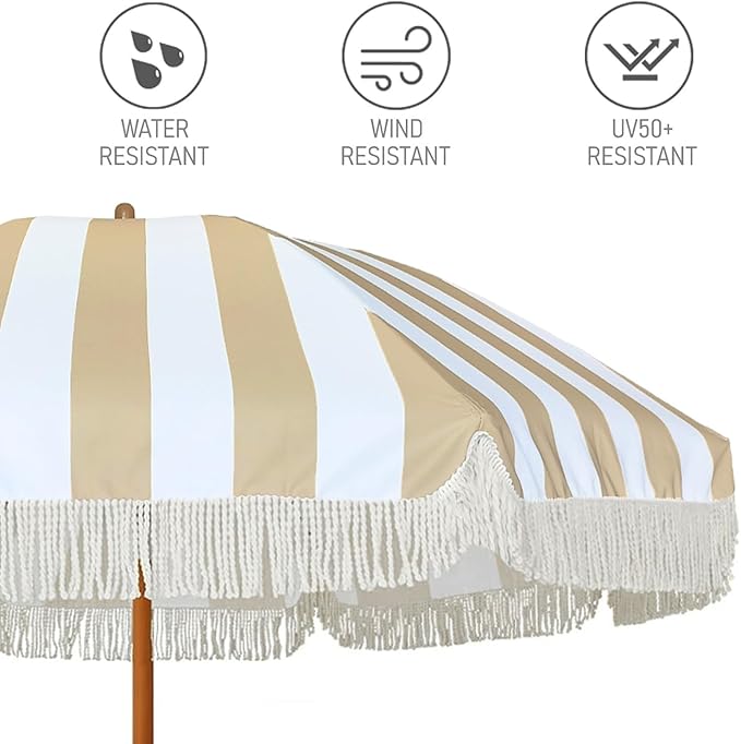 AMMSUN 7ft Patio Umbrella with Fringe Outdoor Tassel Umbrella UPF50+ Premium Steel Pole and Ribs Push Button Tilt, Stripe Beige - Image 2