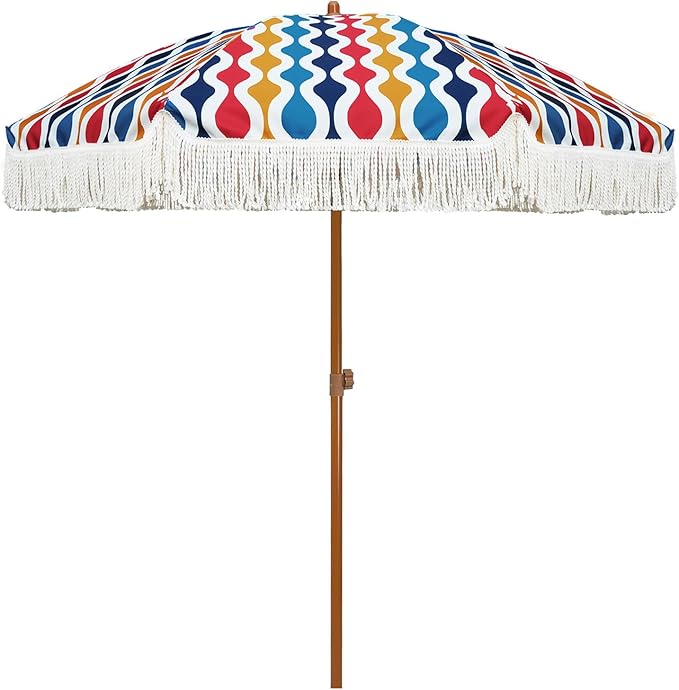 AMMSUN 7ft Patio Umbrella with Fringe Outdoor Tassel Umbrella UPF50+ Premium Steel Pole and Ribs Push Button Tilt, Wave Colorful by AMMSUN