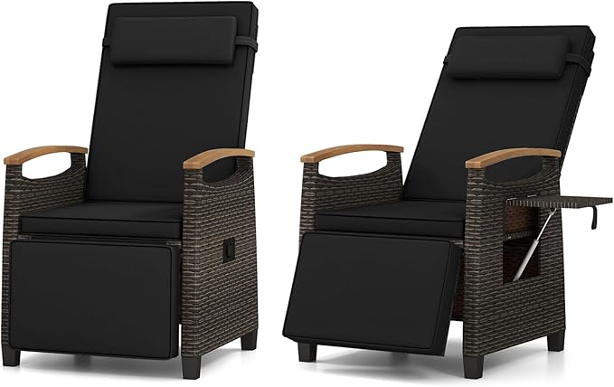 RELAX4LIFE Rattan Outdoor Recliner Chair - Wicker Chaise Lounge Chair w/Adjustable Back & Footrest, Acacia Wood Armrests, Flip Side Table, Cushion, Reclining Patio Chair for Pool Yard (2, Black) by RELAX4LIFE