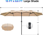 SUPERJARE 15FT Outdoor Umbrella for Patio, Double sided Pool Umbrellas with Fade Resistant Canopy, Large Table Umbrella for Deck, Market, Backyard - Beige - Image 7