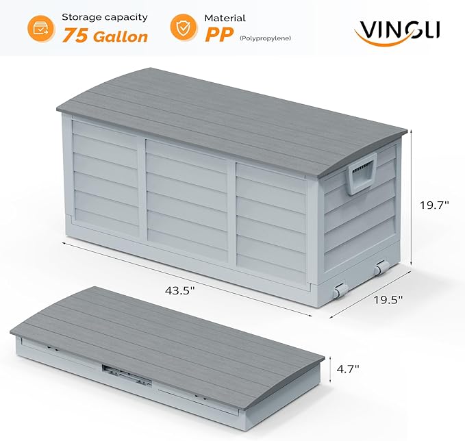 VINGLI 75 Gallon Collapsible Outdoor Storage Box, Simple-to-assemble Plastic Storage Containers with Lid, Patio Deck Box Furniture for Garden, Pool, Balcony, Yard (Grey) - Image 4
