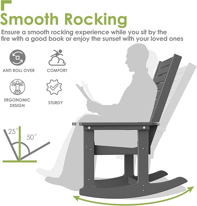 GREENVINES Outdoor Rocking Chairs | Set of 2 | Porch Rocker | HDPE Plastic | Grey | Oversized Rockers | High Back | Big & Tall | Ladder Back | for Patio Outside Backyard Balcony Garden - Image 4