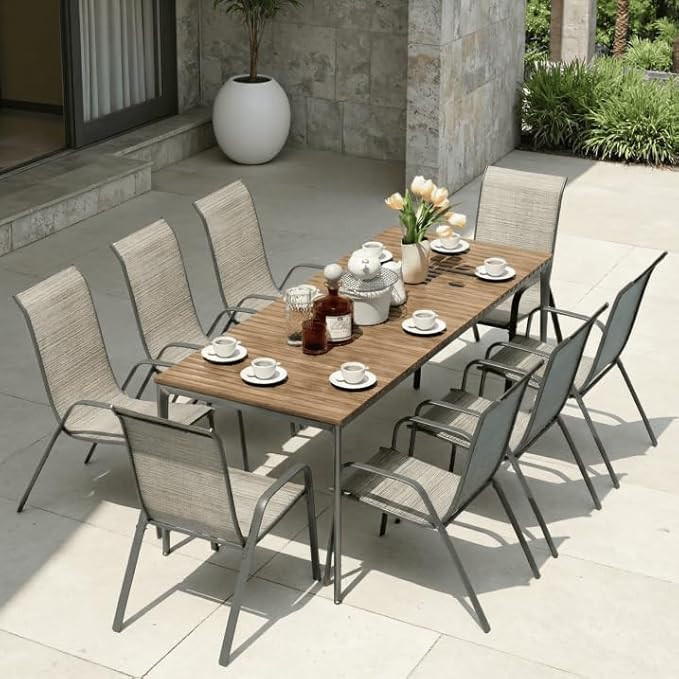 MAMIZO Patio Dining Chairs, Stackable All Weather Teslin Chair, Heavy Duty Outdoor Breathable Chairs Set, w/Armrests, Upgraded Chair FeetW/Strenthened Iron Spacers, 330 LBS (8, Brown) - Image 9