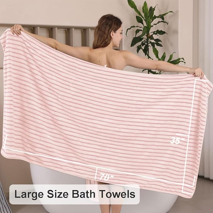 4 Piece Pink Cabana Stripe Large Bath Towels 35"x70" Oversized Bath Sheet Super - Image 4