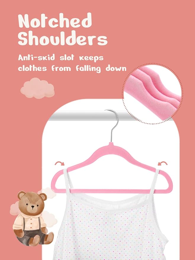 HOUSE DAY 11 Inch Velvet Baby Hangers 50 Pack Lt-Pink, Premium Kids Hangers - Image 3