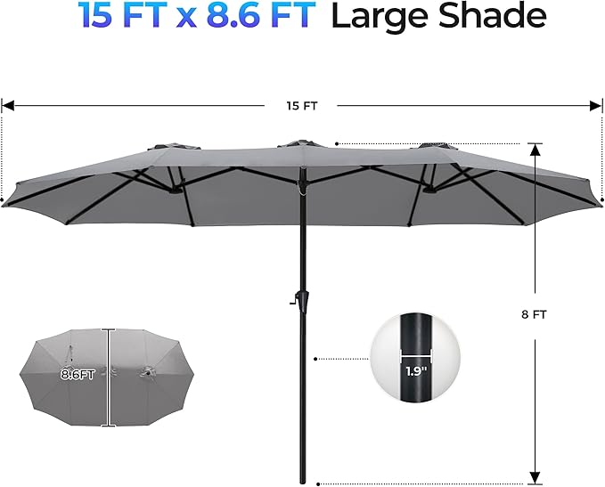 SUPERJARE 15FT Outdoor Umbrella for Patio, Double sided Pool Umbrellas with Fade Resistant Canopy, Large Table Umbrella for Deck, Market, Backyard - Gray - Image 7