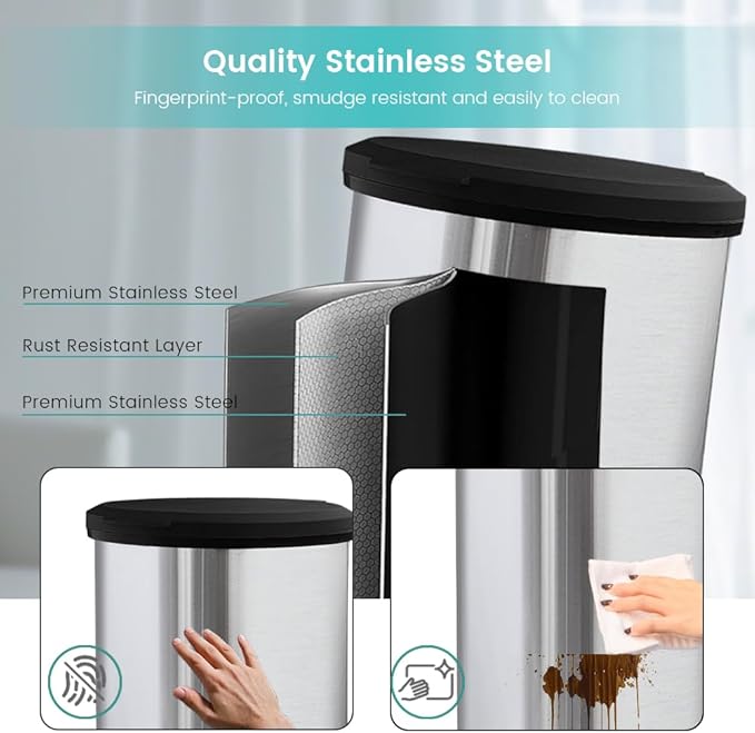 10 Gallon Stainless Steel Trash Can – Round Tall Design, Hands-Free Pedal - Image 5