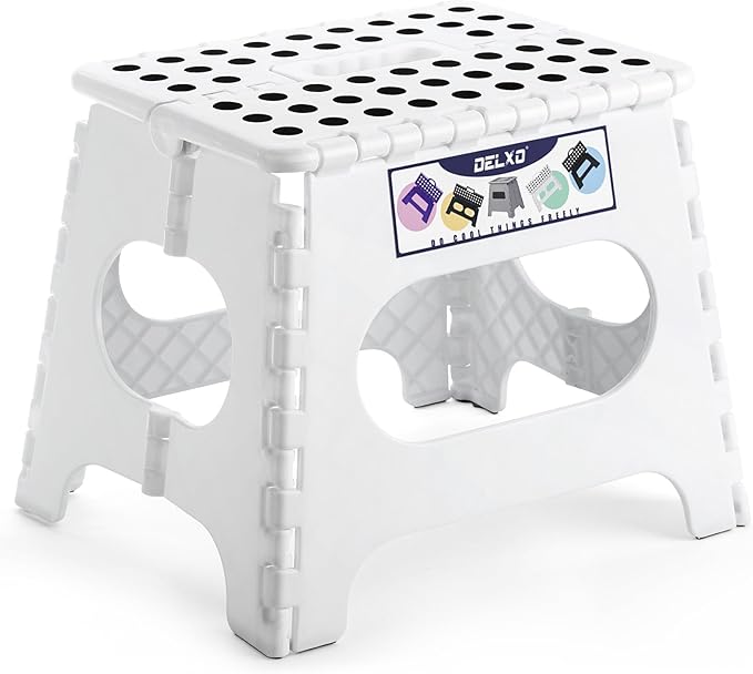 Delxo Folding Step Stool,11 Inch Non-Slip Foldable Step Stools for Kids and Adults,Portable Foldable Step Stool Lightweight Small Folding Stool with Handle for Kitchen Bathroom in White,1 Pack by Delxo