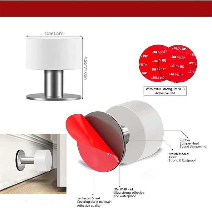 Door Stoppers with Extra Stickers, Self-Adhesive Door Stop with White Rubber & - Image 4