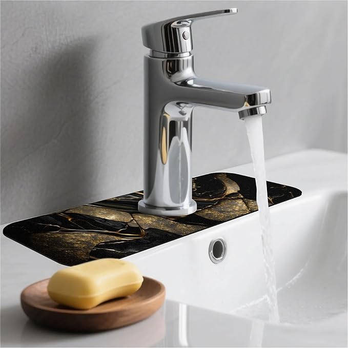 Kitchen Sink Splash Guard，Black and metallic gold marble Faucet Mat Sink - Image 2