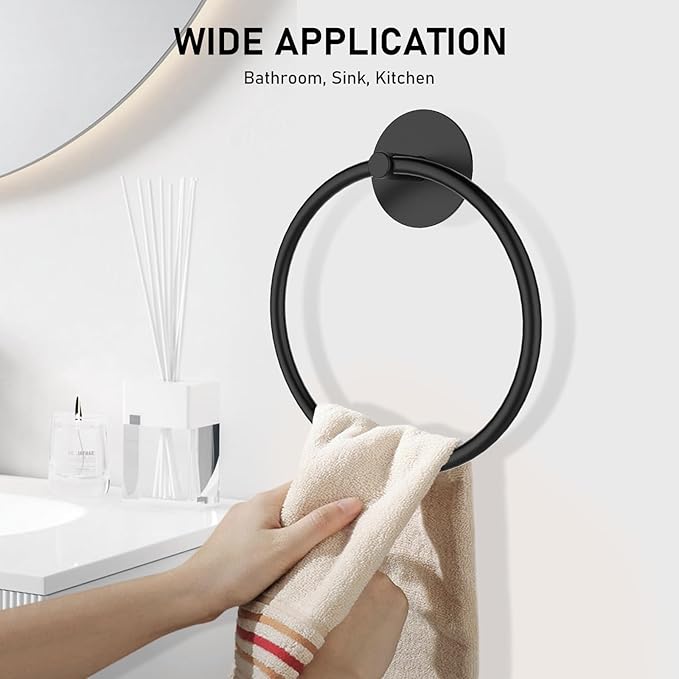 SetSail Adhesive Towel Holder for Bathroom Wall Matte Black Hand Towel Ring - Image 7