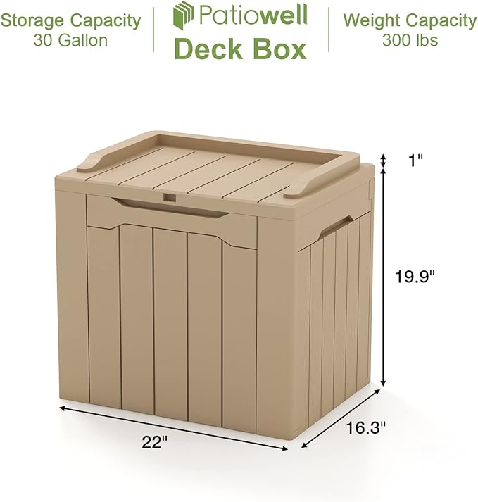 Patiowell 30 Gallon Resin Deck Box, Outdoor Storage Box for Patio Furniture, Deliveries, Pool Supplies,Waterproof and Lockable, Light Brown - Image 6