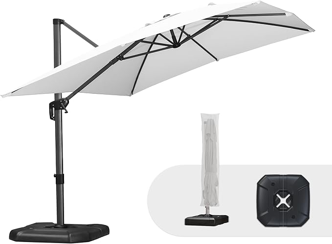 PURPLE LEAF 9'×11.5' Cantilever Patio Umbrella with Base Rectangle Offset Outdoor Umbrella Cover with Zipper for Garden Deck Pool White by PURPLELEAF