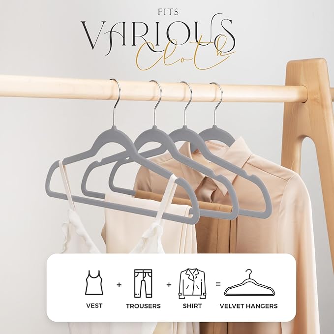 HOUSE DAY Premium Velvet Hangers 100 Pack Grey, Non-Slip Flocked Felt Hangers - Image 2