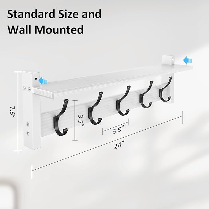 Coat Rack Wall Mount with Shelf, 24 Inch Coat Hanger Walls Mounted, Hat Rack - Image 7
