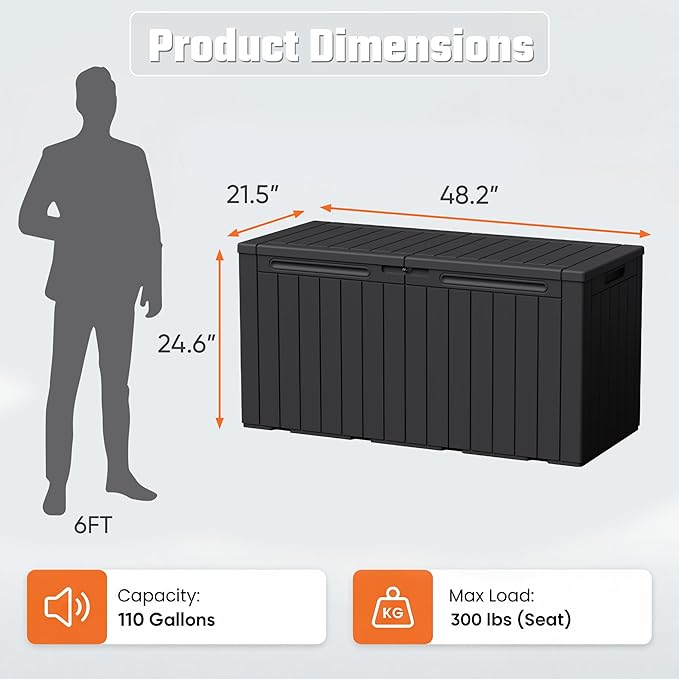Greesum 110 Gallon Outdoor Storage Box with Lockable Lid, All-Weather Solution for Patio Furniture, Pool Supplies & Garden Tools, Waterproof, UV-Resistant Large Deck Box, Black - Image 7