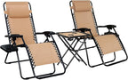 Amazon Basics Outdoor Textilene Adjustable Zero Gravity Folding Reclining Lounge Chair Set with Cup Holder, Side Table, Headrest, Weather-Resistant, 35 x 26 x 43 inches, Beige, 2-Pack by AmazonBasics