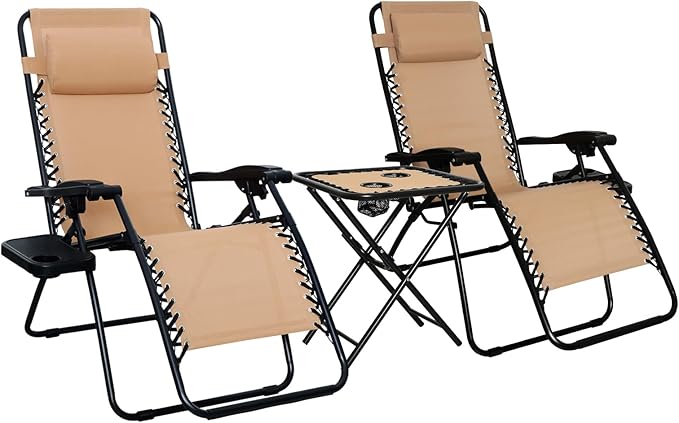 Amazon Basics Outdoor Textilene Adjustable Zero Gravity Folding Reclining Lounge Chair Set with Cup Holder, Side Table, Headrest, Weather-Resistant, 35 x 26 x 43 inches, Beige, 2-Pack by AmazonBasics