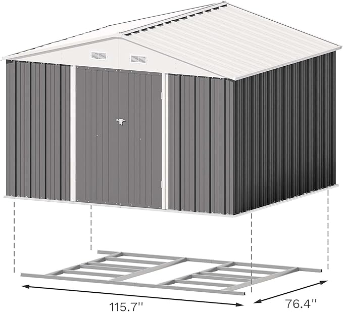 Patiowell 10 x 8 FT Outdoor Storage Shed with Floor Frame, Large Garden Tool Metal Shed with Sloping Roof and Double Lockable Door for Backyard Garden Patio Lawn,Grey - Image 7