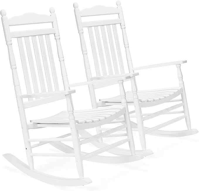 VINGLI Wooden Rocking Chair, Outdoor Chair with 450 lbs Support, Relaxing Rocker with Solid Wood High Back Seat Reclining Seat for Deck, Garden, Backyard, Porch, Indoor or Outdoor Use (White, 2PCS) by VINGLI