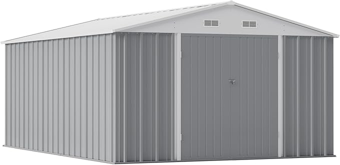 Greesum 10×14 FT Outdoor Storage Shed, Metal Storaged Sheds Without Floor, Tool Sheds with Lockable Doors and Sloping Roof for Garden, Patio, Gray by BuynowfromGreesum