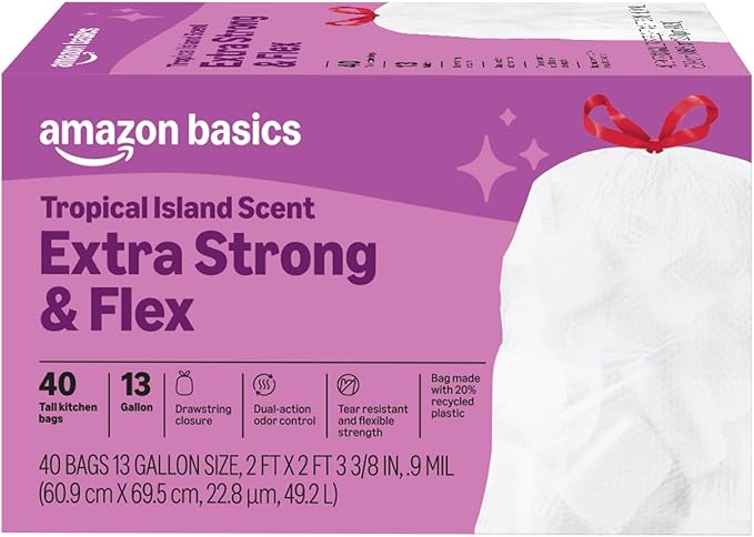 Amazon Basics Extra Strong & Flex Tall Kitchen Drawstring Trash Bags, Tropical by AmazonBasics