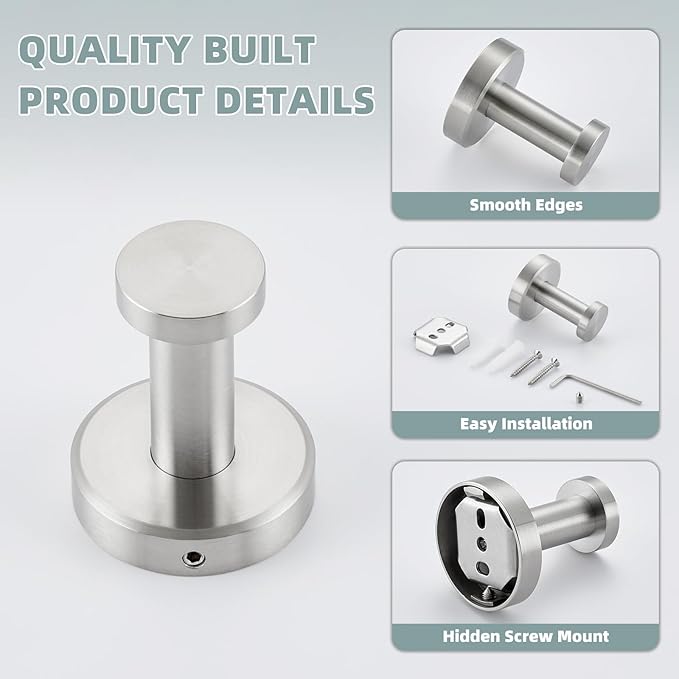 APLusee Brushed Nickel Towel Hook, 304 Stainless Steel Robe Hook - Image 8