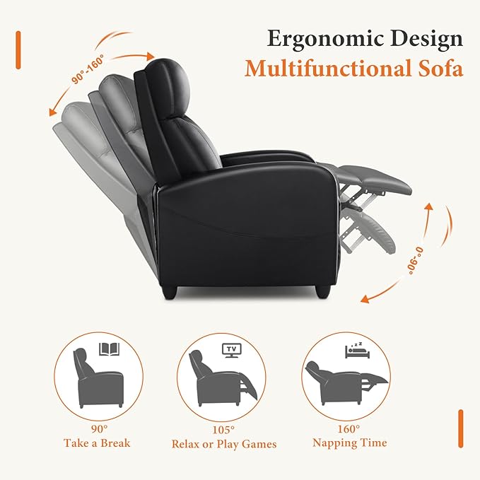 Sweetcrispy Recliner Chair PU Leather Recliner Sofa No Massage, Home Theater Seating with Lumbar Support, Adjustable Push Back Overstuffed High-Density Sponge Reclining for Living Room, Black - Image 5