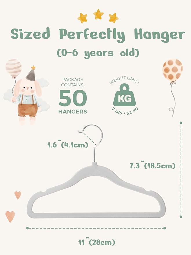 HOUSE DAY 11 Inch Velvet Baby Hangers 50 Pack Grey, Premium Kids Hangers - Image 6