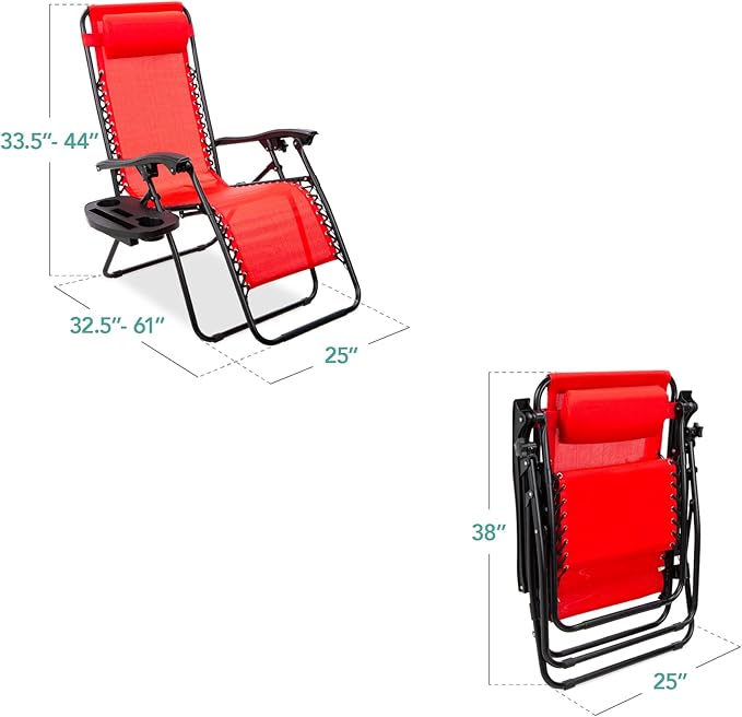 Best Choice Products Set of 2 Adjustable Steel Mesh Zero Gravity Lounge Chair Recliners w/Pillows and Cup Holder Trays - Crimson Red - Image 2