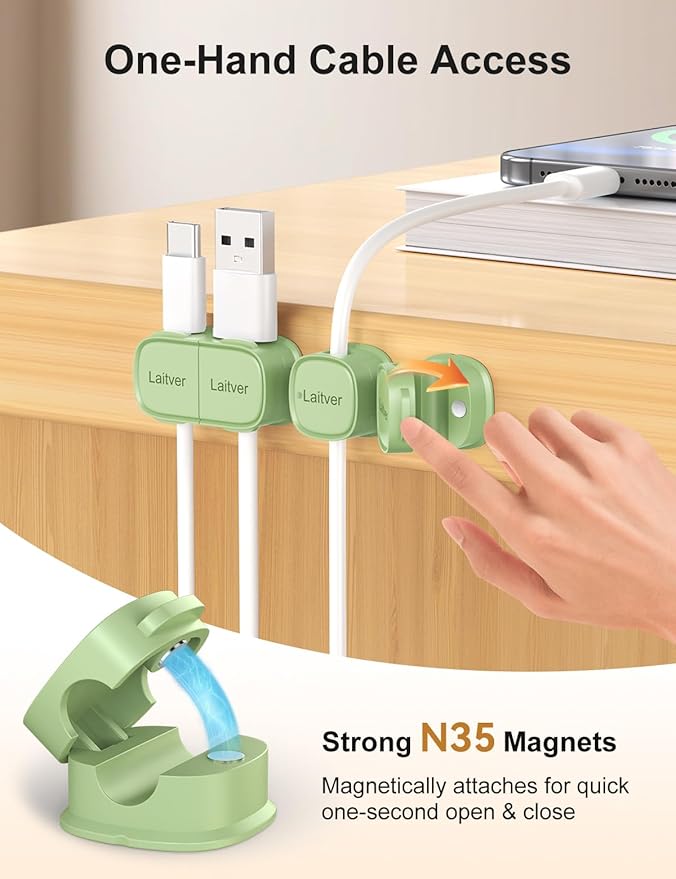 6 Pack Magnetic Cable Clips, Laitver Cord Organizer Holder Strong Adhesive Desk - Image 4